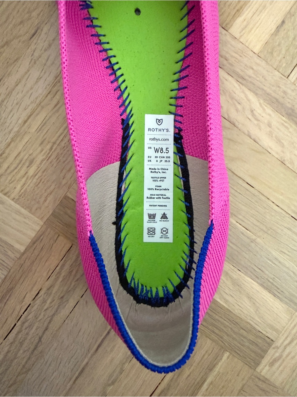 Rothy's Pointed Toe Flats in Hot Pink with Blue Heel Tab - Picture 5 of 5
